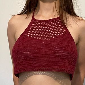 Maroon red halter crochet top